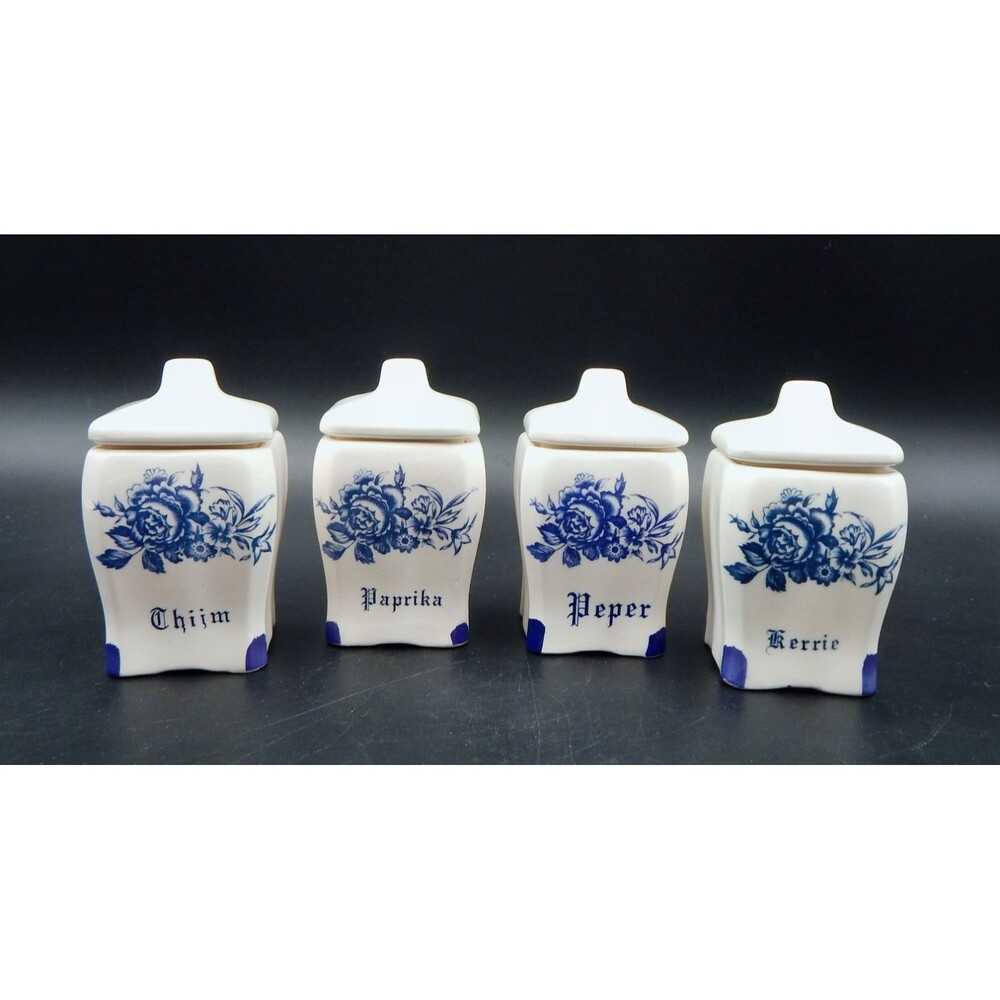 Delftware Floral Pattern Spice Jars Thyme Pepper Curry Paprika Royal Dutch S/4